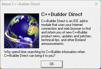 An about box, with a very 16-color gif globe, wrapped in a cable terminated with an RJ45 connector, along with some copy about how C++ Builder will reach out to the Internet and bring the latest news TO YOU. Aren't you excited?