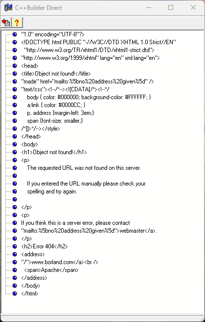 An error box in a very Win3.1 style. It displays the error as a tree view, and the error is actually an XHTML document. But it's not rendering as XHTML, it's just raw HTML code, shown as a tree, like a really cruddy DOM inspector